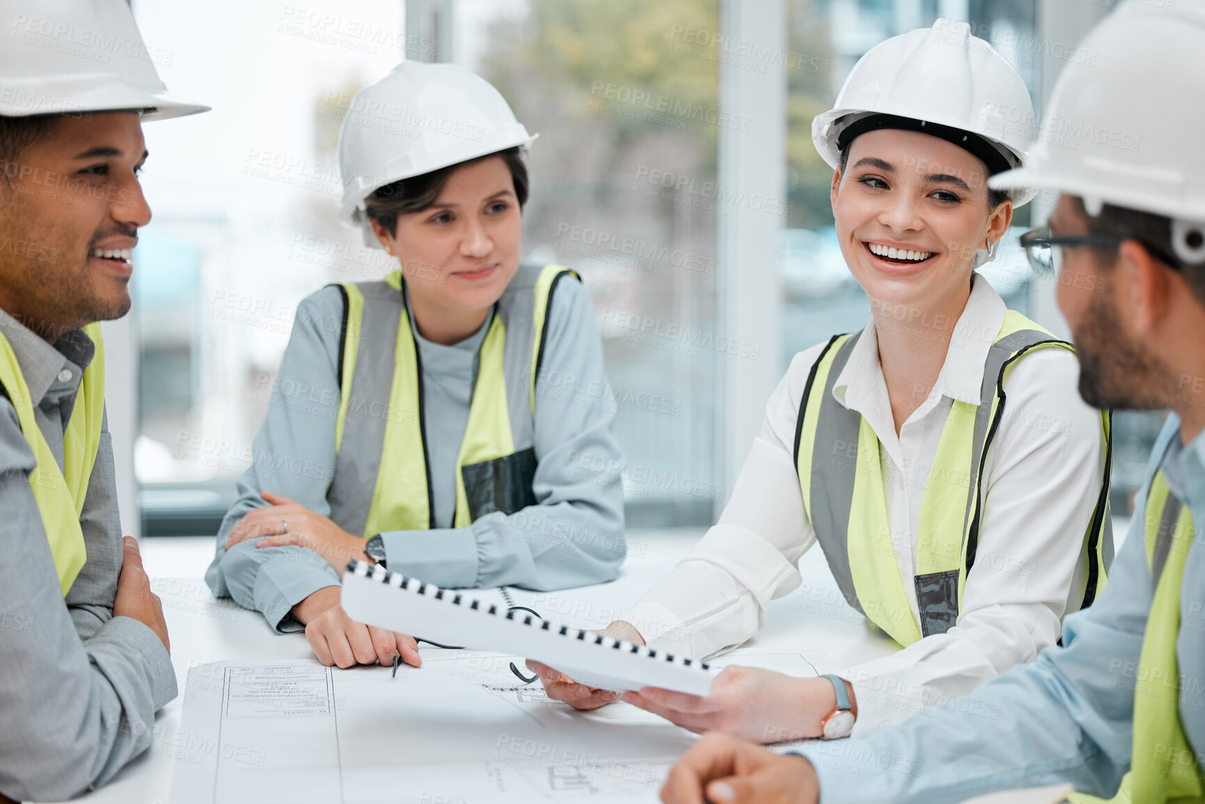 Buy stock photo Happy contractor, meeting and team with documents for architecture, building or planning construction at office. Group of employees or civil engineers discussing ideas for industrial development