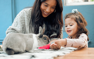 Buy stock photo Mother, happy child and feeding rabbit or pet for love, care and healthy animal eating on table in family home. Mom, girl and giving bunny food for learning, playing and easter holiday celebration