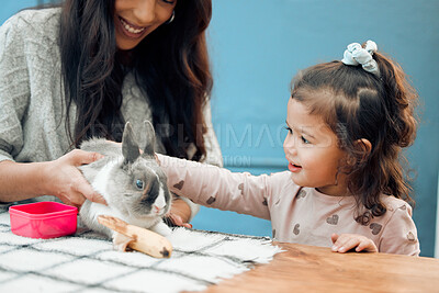 Buy stock photo Mother, smile and kid pet bunny for love, care and easter holiday celebration in family home. Mom, happy girl and playing with rabbit friend for learning, touching and child feeding animal on table