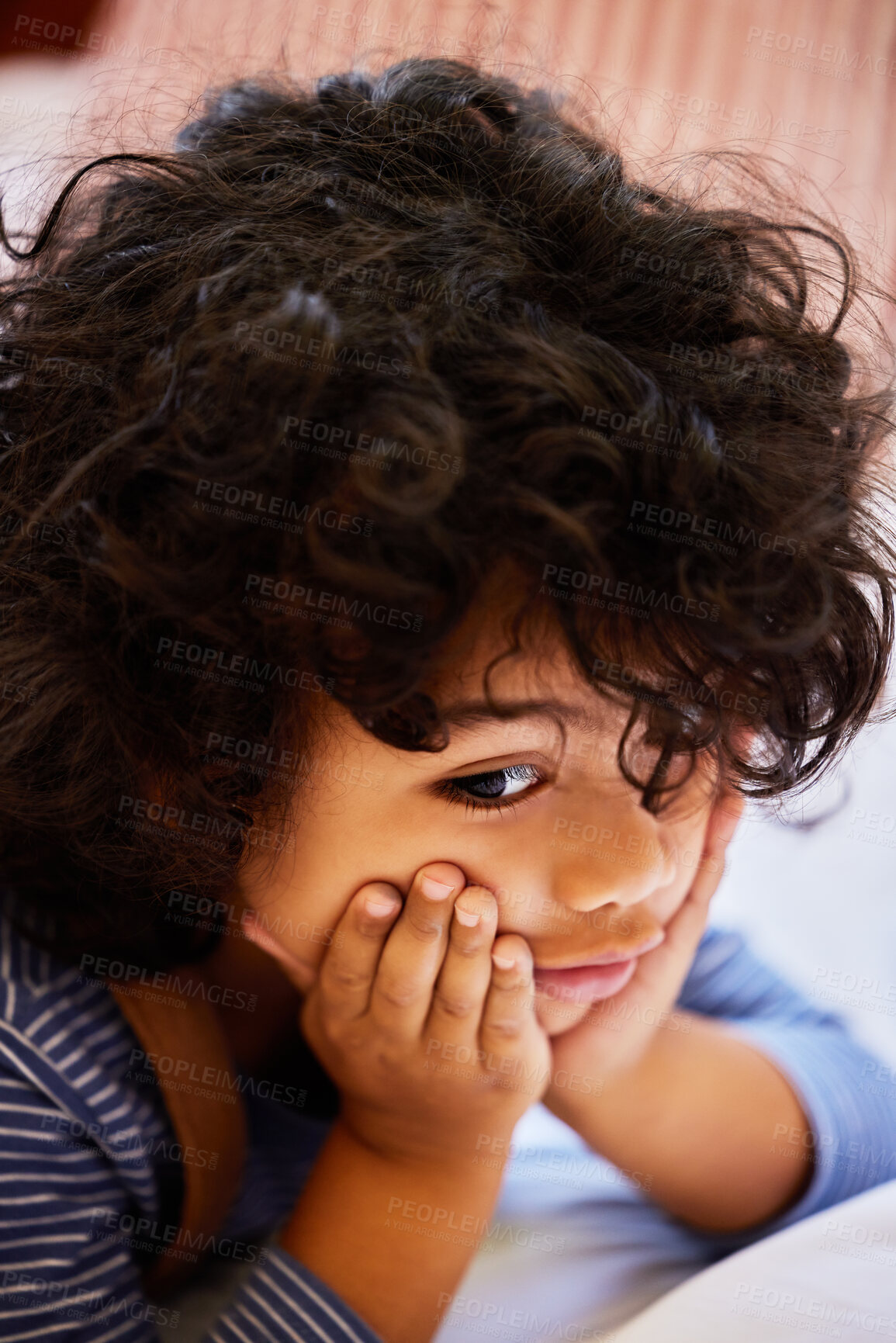 Buy stock photo Bored, thinking and child relax at house in bedroom with ideas, brainstorming and calm by planning for fun games. Contemplating, boy and hands on face for hope, growth and childhood development