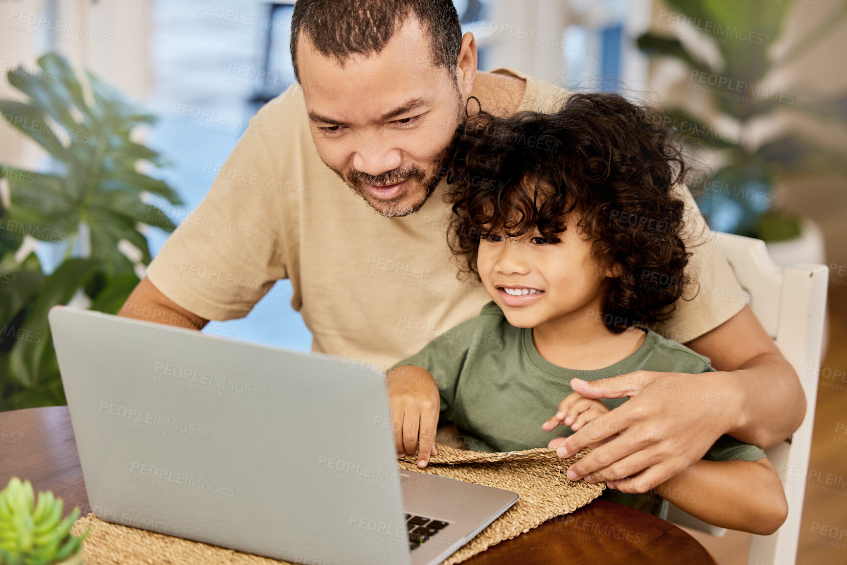 Buy stock photo Dad, son and laptop in house living room for elearning with virtual classroom and video learning. Man, child and technology for education with app, development and digital home school with website