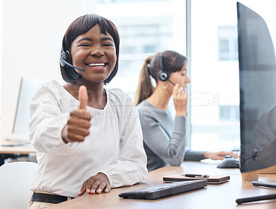 Buy stock photo Thumbs up, woman with headset and on a computer desk in her office at work. Telemarketing or customer service, online communication or consultant and crm with African female person at workspace