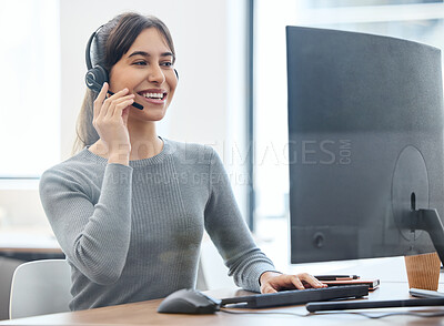 Buy stock photo Consultant, woman with headset and on a computer at her desk in a workplace office. Telemarketing or customer service, crm or client support and online communication with female person at workspace