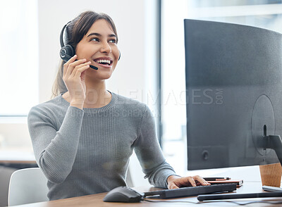 Buy stock photo Customer service, woman with headset and on a computer at her desk in a workplace office. Call center or consultant, crm or client support and telemarketing with female person at her workspace