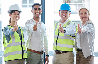 Buy stock photo Thumbs up, engineering and portrait of people for success, thank you and construction worker like, yes or okay sign. Happy face, architecture and women, men or team good job, support and thanks hands