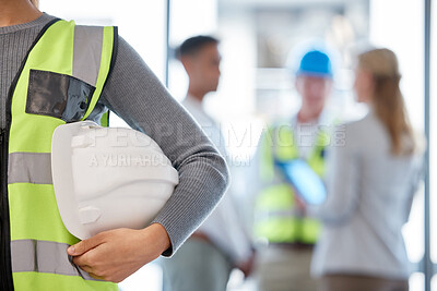 Buy stock photo Helmet, architecture and construction worker in office meeting, planning and project management for building. Engineering, hands zoom and safety gear of contractor people, builder and industry staff
