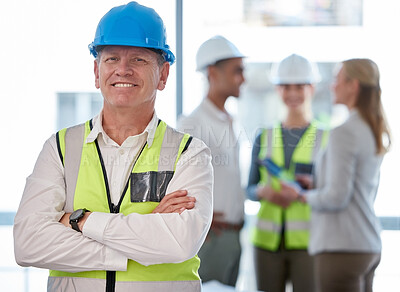 Buy stock photo Architecture, man portrait and arms crossed for planning, team leadership or project management. Engineering, construction and happy face of senior person, contractor or manager with career mindset