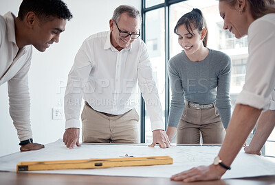 Buy stock photo Planning, floor plan and business people in office meeting, teamwork and construction, happy design or engineering. Paper, blueprint and manager, women and men talking ideas of sketch in architecture