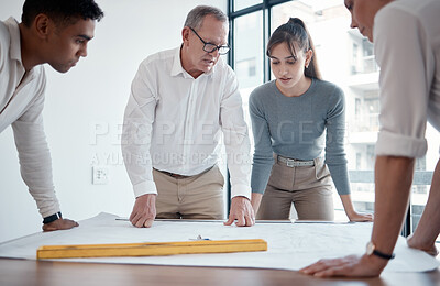 Buy stock photo Planning, blueprint and business people in office meeting, teamwork and construction worker design or engineering. Paper, floor plan and focus of manager, women and men with sketch for architecture