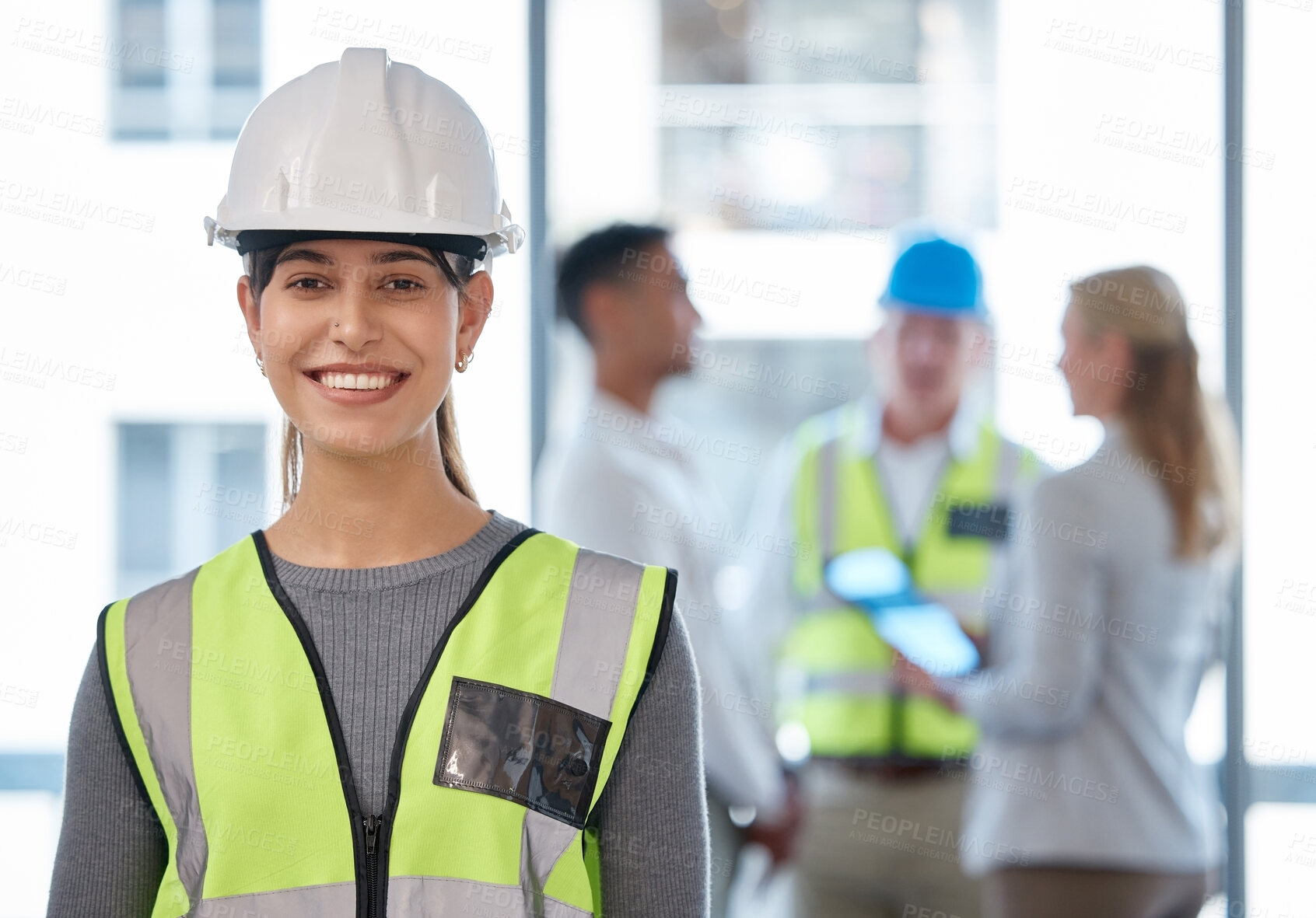 Buy stock photo Engineering, happy woman and portrait for team planning, leadership and project management in office. Architecture, construction worker and face of young person or contractor with industry mindset