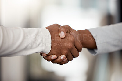 Buy stock photo Business people, hiring and thank you with handshake for meeting, greeting or agreement at office. Closeup of colleagues shaking hands in teamwork for b2b, deal or partnership together at workplace