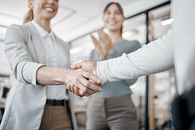 Buy stock photo Business woman, meeting and teamwork with handshake in agreement, deal or partnership at office. Closeup of female person, colleague or employees shaking hands in thank you for b2b, hiring or recruit