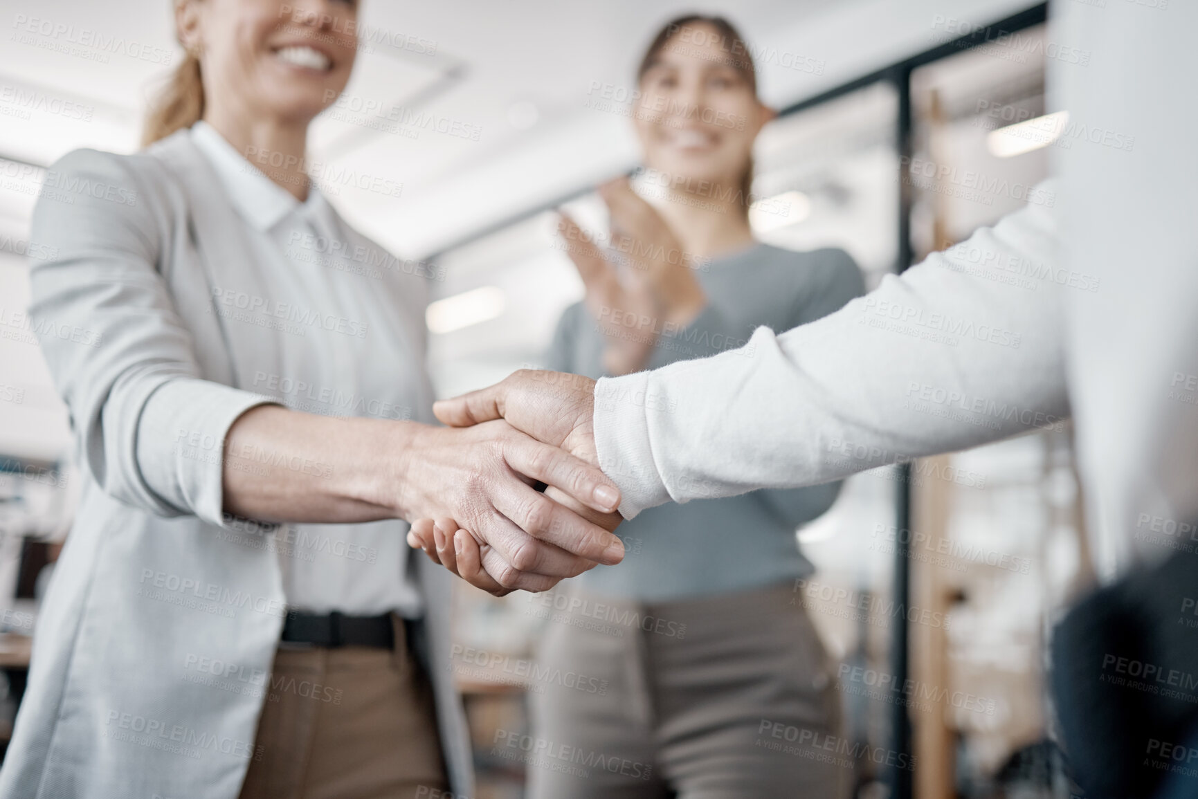 Buy stock photo Business woman, meeting and teamwork with handshake in agreement, deal or partnership at office. Closeup of female person, colleague or employees shaking hands in thank you for b2b, hiring or recruit