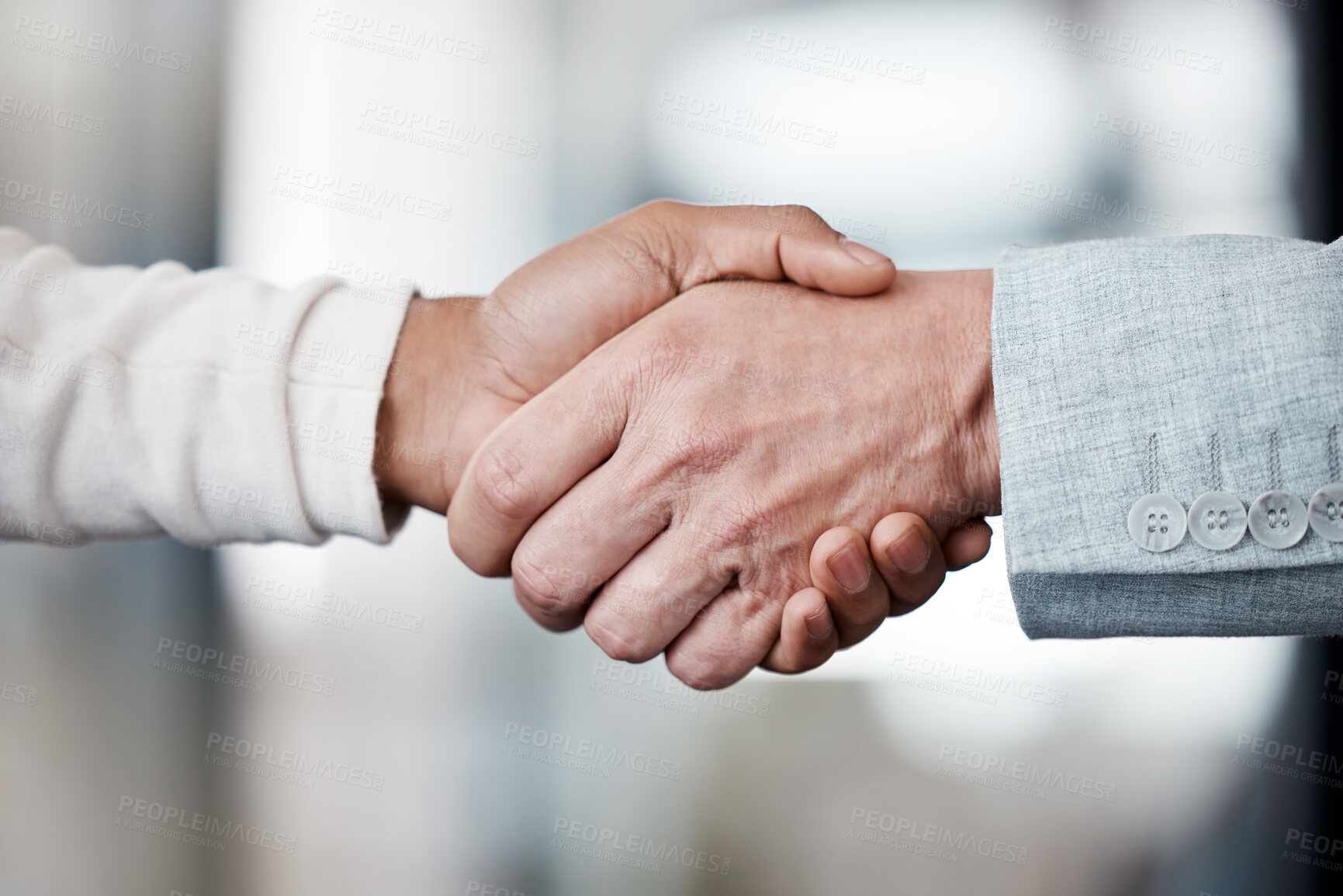 Buy stock photo Business people, recruiting and welcome with handshake for meeting, greeting or agreement at office. Closeup of colleagues shaking hands in teamwork for b2b, deal or partnership together at workplace