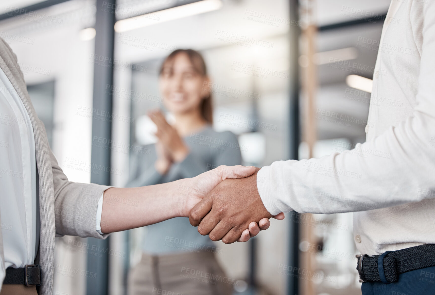 Buy stock photo Business people, meeting and thank you with handshake for agreement, deal or partnership at office. Closeup of colleagues or employees shaking hands in teamwork for b2b, hiring or recruiting together