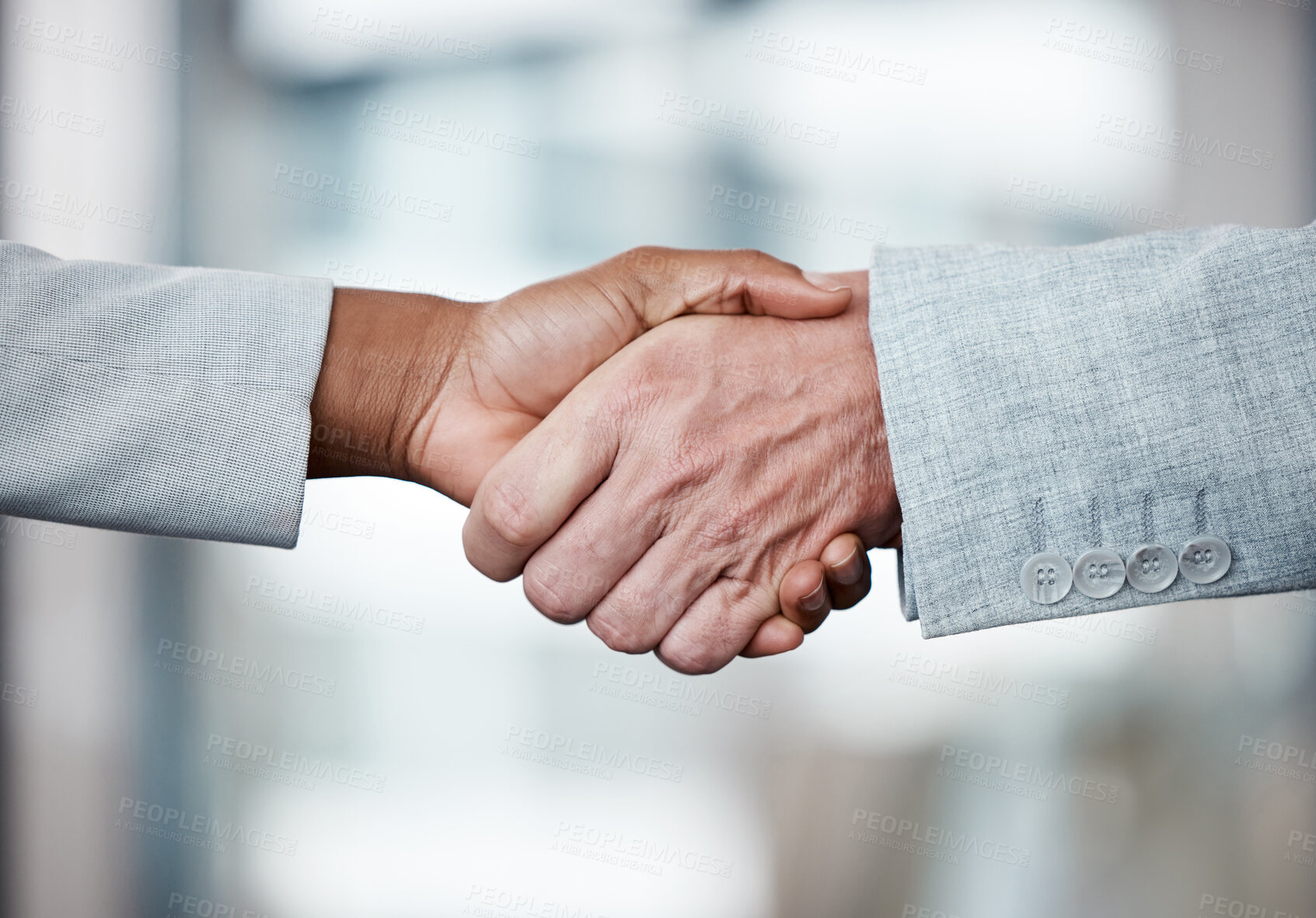 Buy stock photo Business people, recruiting and meeting with handshake for agreement, deal or partnership at office. Closeup of colleagues or employees shaking hands in teamwork for b2b, hiring or job at workplace