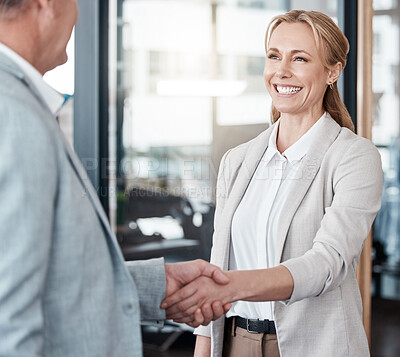 Buy stock photo Business woman, hiring and meeting with handshake for agreement, deal or partnership at office. Female person, colleague or employees shaking hands in teamwork for b2b, recruiting or job at workplace