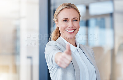 Buy stock photo Business woman, portrait smile and thumbs up for winning, success or good job at the office. Happy female person, CEO or employee showing thumb emoji, yes sign or like for win, goals or motivation
