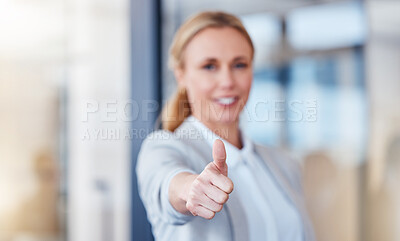 Buy stock photo Business woman, hand and thumbs up for winning, success or thank you and good job at office. Happy female person, CEO or employee showing thumb emoji, yes sign or like for win, goals or motivation