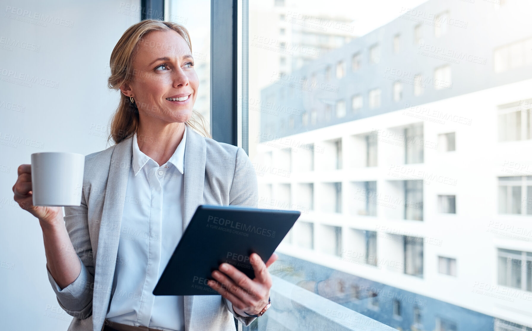 Buy stock photo Business woman, coffee and tablet by window, smile and thinking for inspiration, reflection or decision. Person, digital touchscreen and morning with tea for ideas, vision or insight in modern office