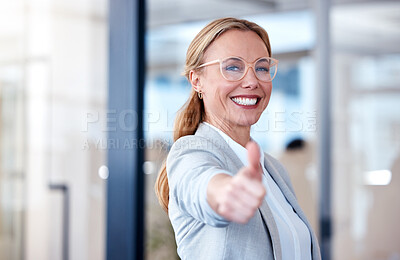 Buy stock photo Business woman, portrait smile and thumbs up for success, winning or thank you at the office. Happy female person, CEO or employee with thumb emoji, yes sign or like for win, goals or motivation