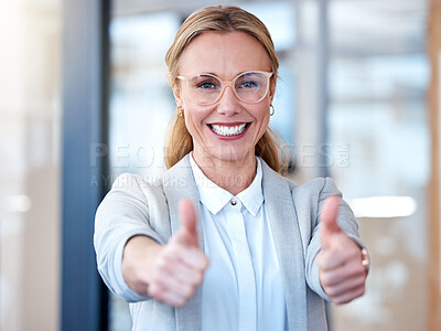 Buy stock photo Business woman, portrait smile and thumbs up for thank you, success or winning at the office. Happy female person, CEO or employee with thumb emoji, yes sign or like for win, goals or motivation