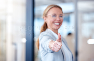 Buy stock photo Business woman, hand and thumbs up for success, winning or thank you and good job at office. Happy female person, CEO or employee showing thumb emoji, yes sign or like for win, goals or motivation