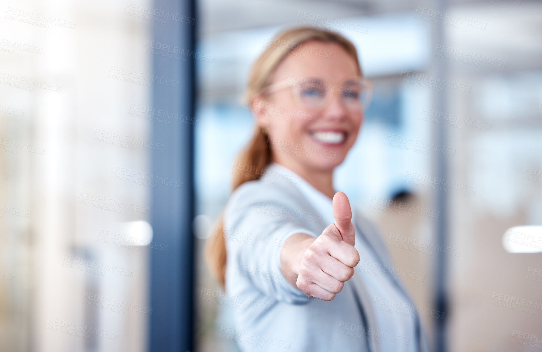 Buy stock photo Business woman, hand and thumbs up for success, winning or thank you and good job at office. Happy female person, CEO or employee showing thumb emoji, yes sign or like for win, goals or motivation