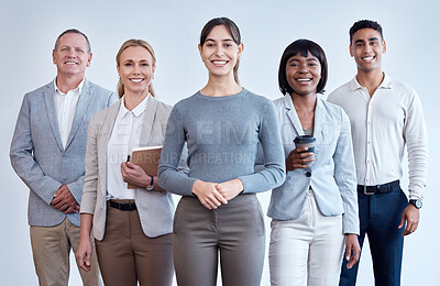 Buy stock photo Leadership, happy and portrait of business people in an office for corporate work and solidarity. Smile, together and diversity at a legal company with lawyers and a manager with support for team