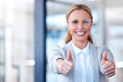 Buy stock photo Business woman, hands and thumbs up for success, winning or thank you and good job at the office. Happy female person, CEO or employee with thumb emoji, yes sign or like for win, goals or motivation