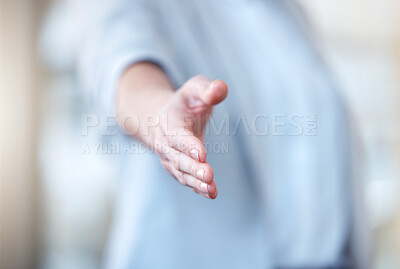 Buy stock photo Business woman, handshake and meeting for deal, b2b agreement or hiring in recruitment at the office. Hand of female employee shaking hands for introduction, welcome or recruiting at the workplace