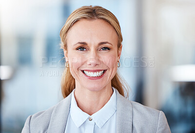 Buy stock photo Happy, smile and portrait of business woman in office for professional, confident and mindset. Happiness, pride and corporate with face of Switzerland employee for career, mockup space and natural