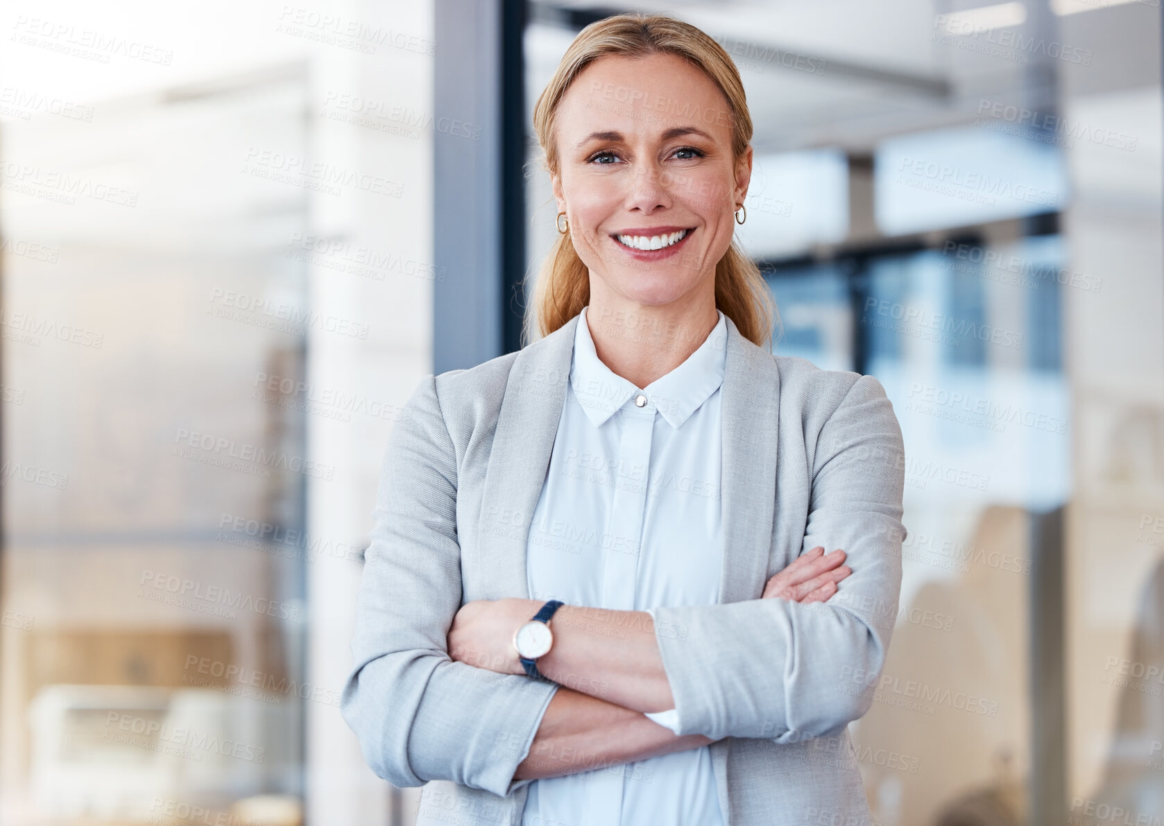 Buy stock photo Happy, arms crossed and portrait of business woman in office for professional, confident and mindset. Happiness, pride and corporate with Switzerland employee for career, mockup space and natural