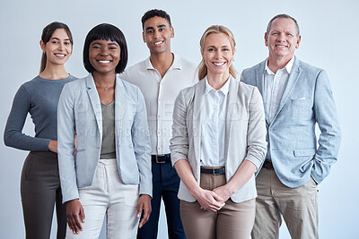Buy stock photo Happy, company diversity and portrait of business people in a legal office for work. Smile, corporate and lawyers on a wall for agency profile, about us or solidarity in the workplace together