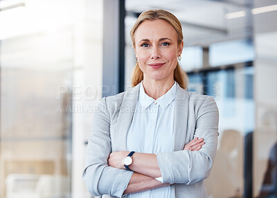 Buy stock photo Business woman, portrait smile and arms crossed in confidence for small business management at the office. Happy and confident female person, manager or CEO in corporate leadership at the workplace