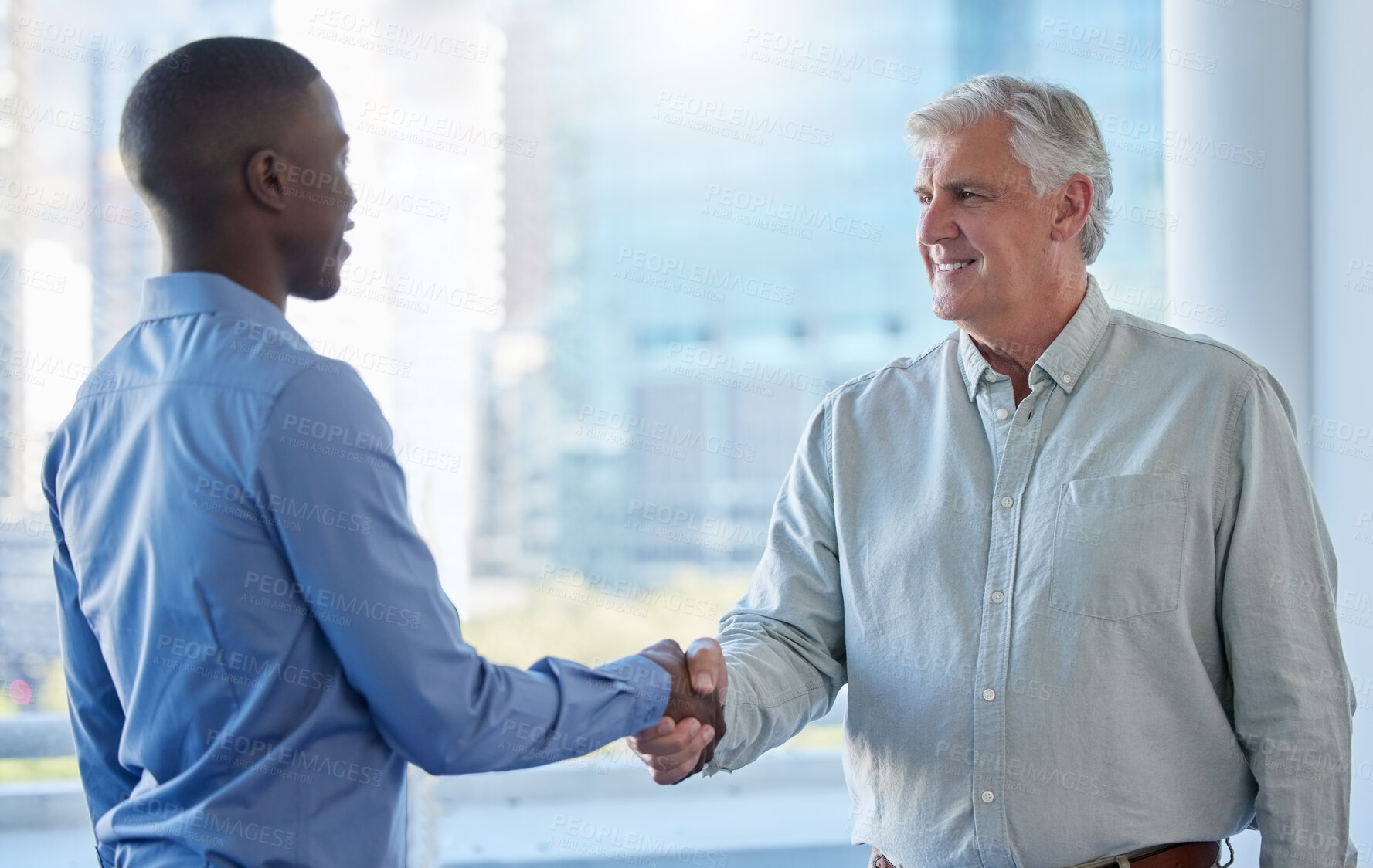 Buy stock photo Handshake, meeting and business men in office for partnership, collaboration and onboarding. Corporate, teamwork and manager with man shaking hands for agreement, recruitment and interview success