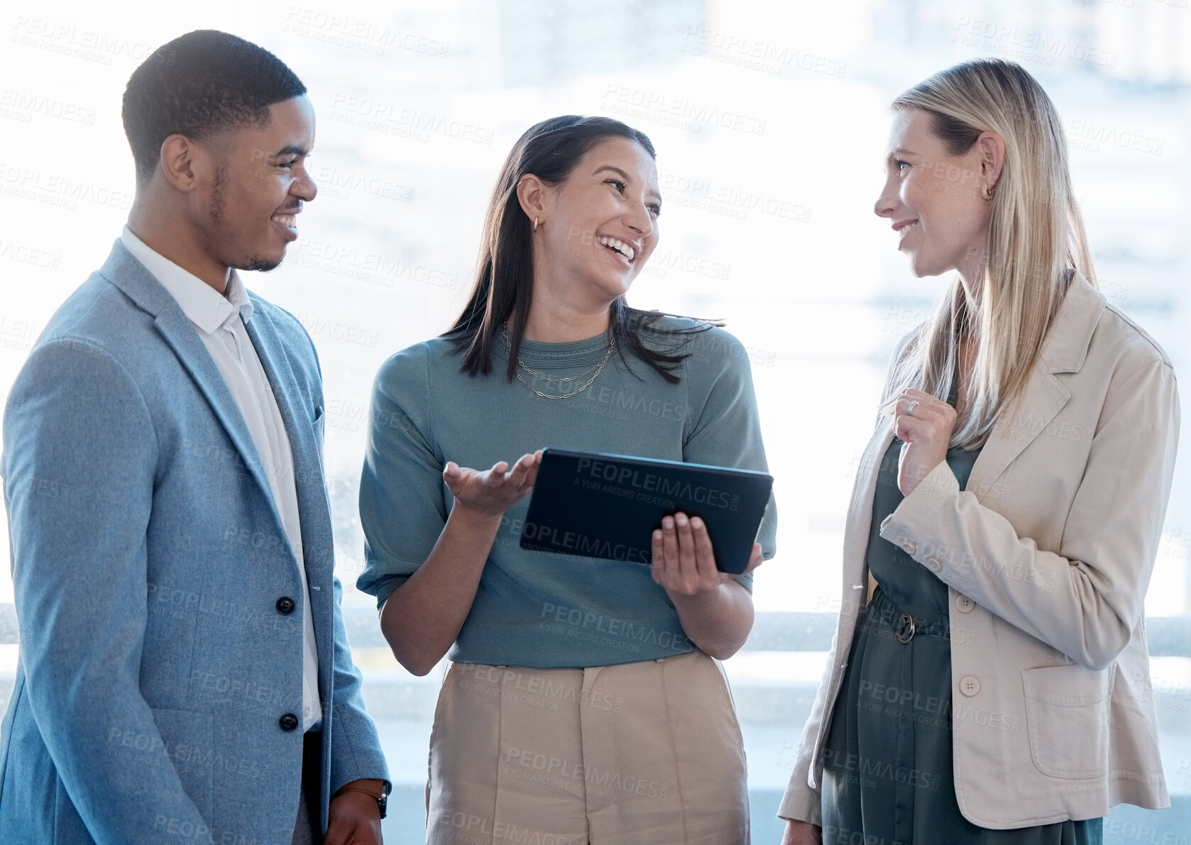 Buy stock photo Business people, laughing or tablet with discussion in office for market research, fun sale trends or communication. Collaboration, employees and tech with planning, feedback meeting or brainstorming