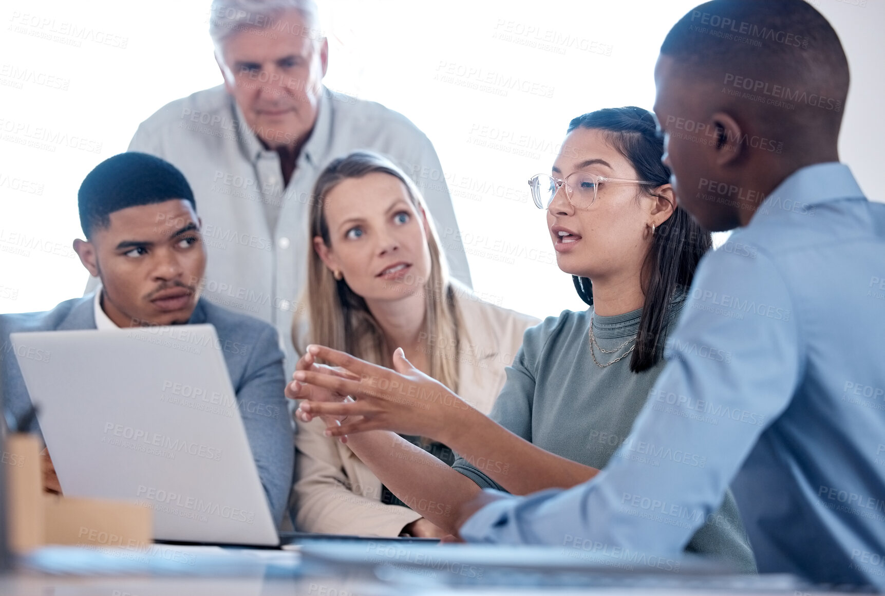 Buy stock photo Business people, teamwork and laptop with discussion in office for market research, sale trends and talking. Collaboration, employees and diversity group with explaining, feedback and brainstorming