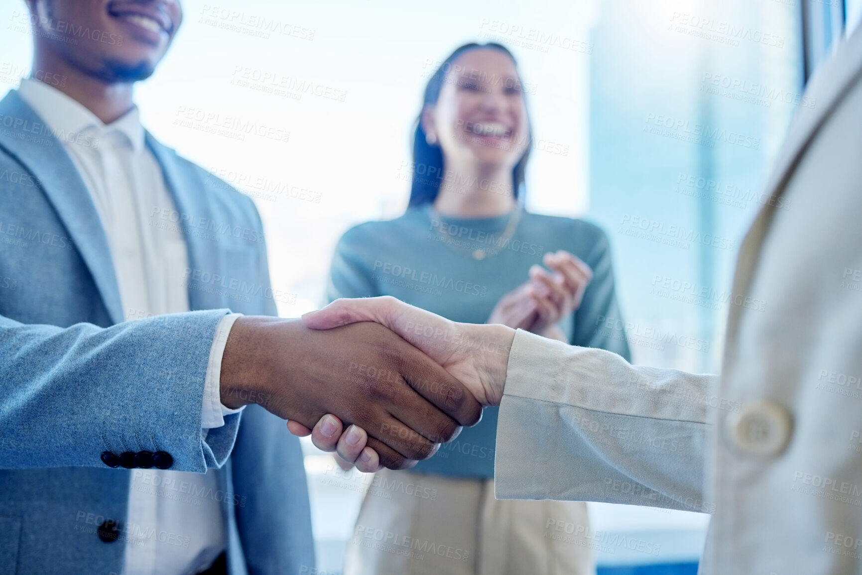 Buy stock photo Handshake, applause and happy business people in office for partnership, collaboration and onboarding. Corporate, teamwork and men and women excited for agreement, recruitment and promotion success