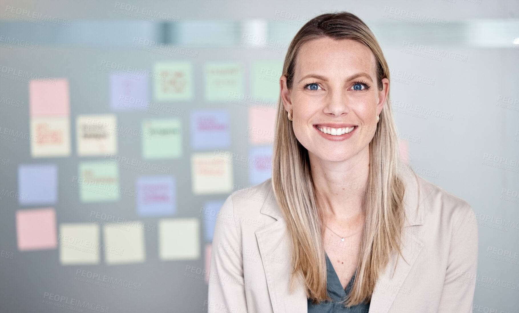 Buy stock photo Wall, notes and portrait of business woman in office for brainstorming proposal, schedule and project. Startup company, agency and happy worker with board for research, task agenda and work process