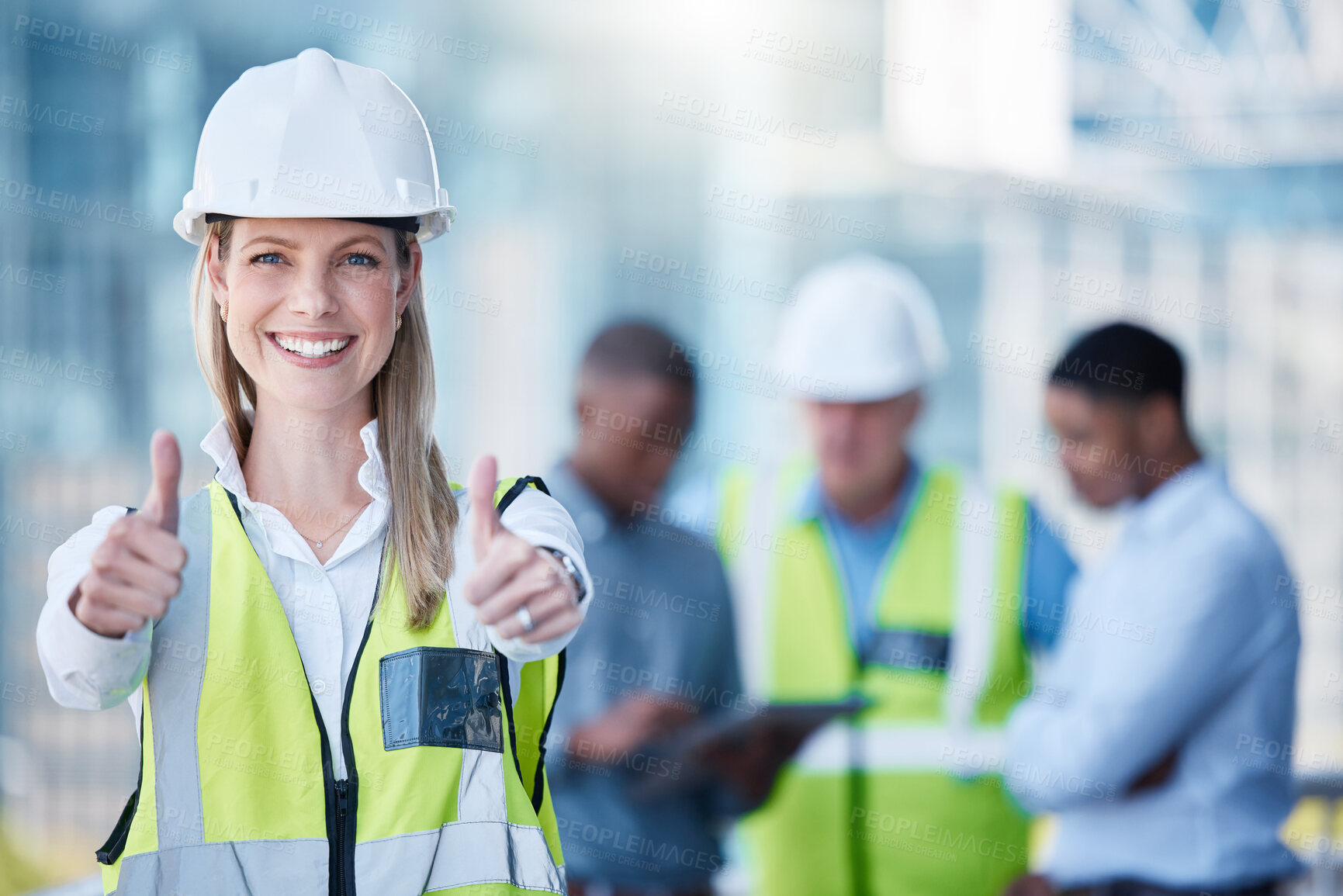 Buy stock photo Portrait, thumbs up and construction with a designer woman outdoor on a building site with her team in the background. Management, motivation and confidence with a female architect standing outside