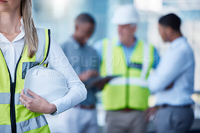 Buy stock photo Architecture, planning and woman with helmet in blurred office for project management, teamwork and inspection. Civil engineering, collaboration and contractor at construction site with safety gear