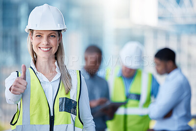 Buy stock photo Portrait, thumbs up and a woman construction worker outdoor on a building site with her team in the background. Management, thank you and support with a happy female architect outside for motivation