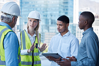 Buy stock photo Meeting, woman and men in discussion for architecture, problem solving or plan for construction. Ideas, collaboration and frustrated manager with engineering team with tablet, safety or building risk