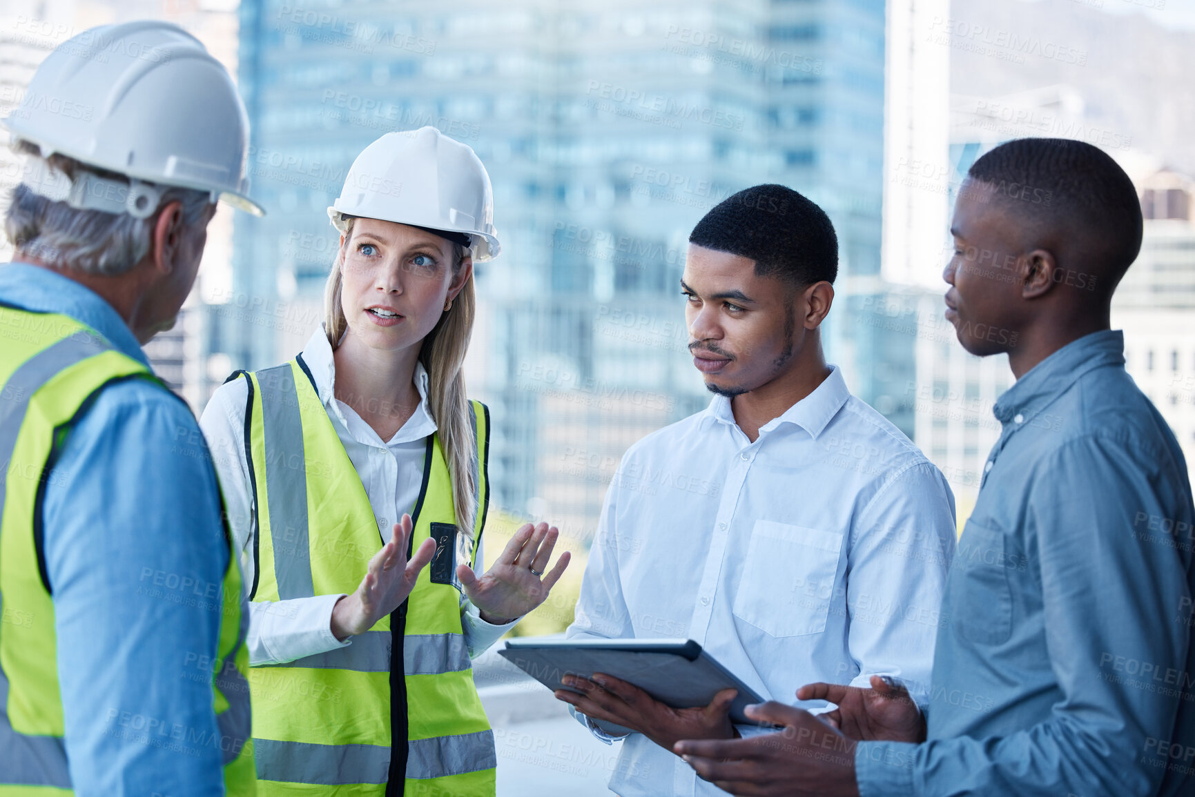 Buy stock photo Meeting, woman and men in discussion for architecture, problem solving or plan for construction. Ideas, collaboration and frustrated manager with engineering team with tablet, safety or building risk