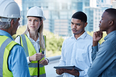 Buy stock photo Architecture, woman and men at construction site for meeting, planning and digital app at building. Project management, collaboration and civil engineering team with tablet for urban development