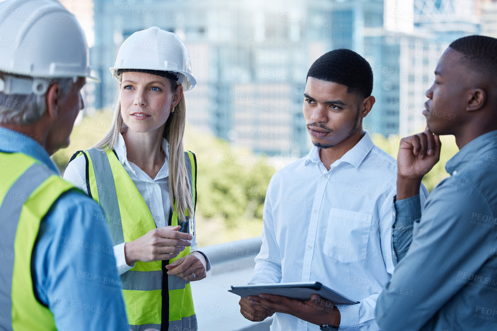 Buy stock photo Architecture, woman and men at construction site for meeting, planning and digital app at building. Project management, collaboration and civil engineering team with tablet for urban development