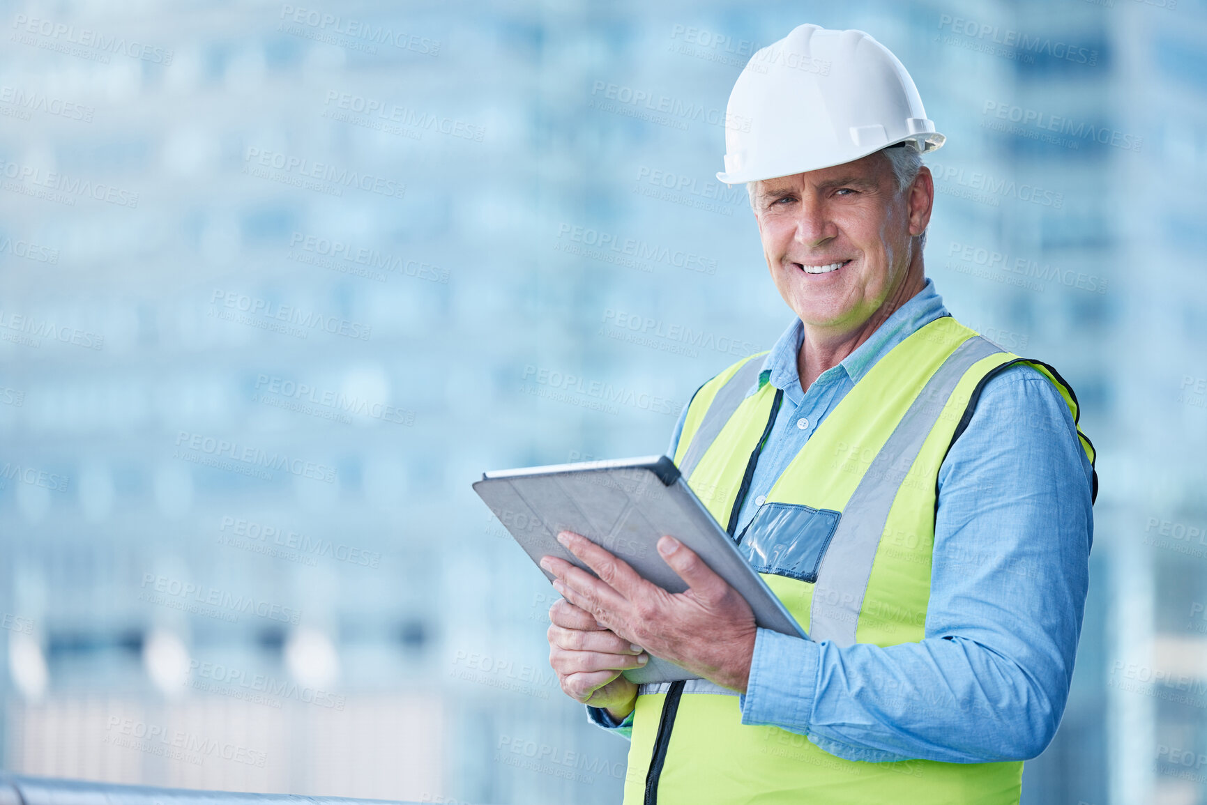 Buy stock photo Portrait, engineer and man with a tablet, outdoor or construction with architecture, smile or website information. Face, mature male person or handyman with technology, project management or research