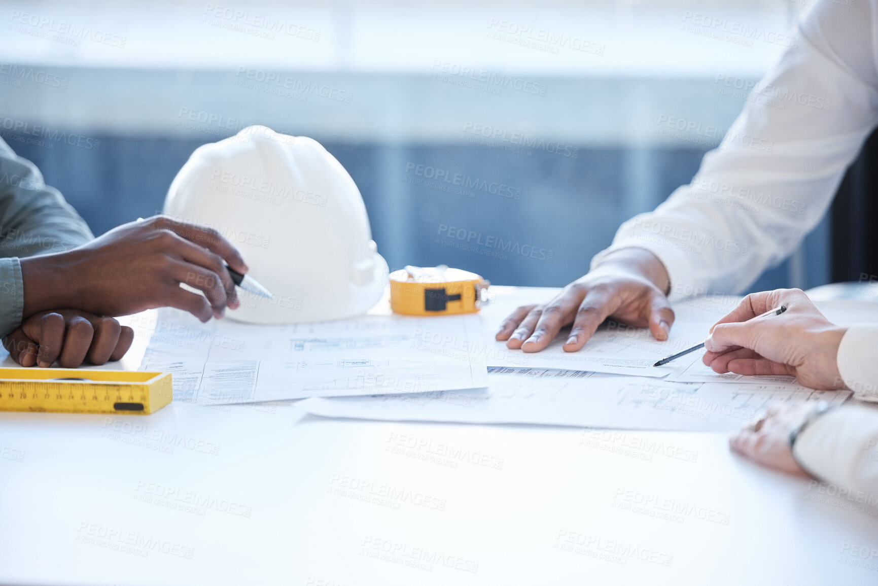 Buy stock photo Meeting, architecture and hands of people with blueprint, collaboration and strategy for construction. Building, planning and civil engineering team in workshop with paperwork for project management