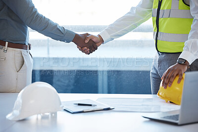 Buy stock photo Planning handshake, meeting and builders with a deal for a maintenance contract or agreement. Thank you, support and an architect and builder shaking hands for contractor support and partnership